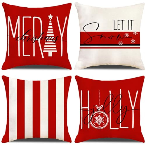 ZHAOMIMI Set di 4 Cuscini Divano cuscini natalizi rosso banda Cotone Biancheria Decorativo cuscini natale 45x45 cm