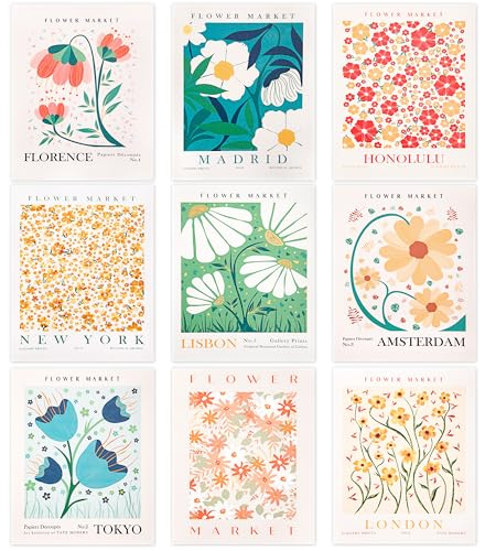 Heveer Flower Market Poster Stilvolles Blumen Bilder Set 20x25cm Kunstdrucke für Wohnzimmer Schlafzimmer Esszimmer Wanddeko 9 Stück