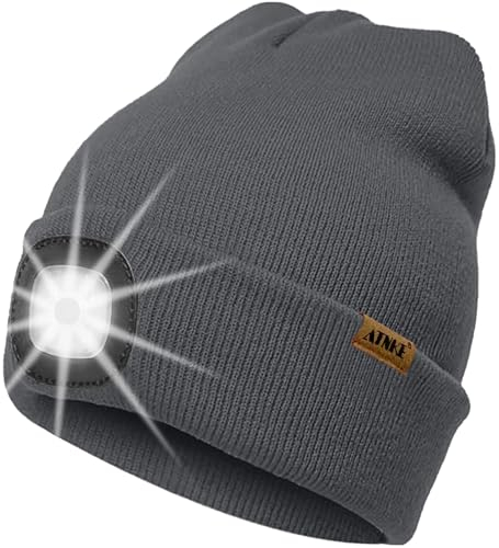 ATNKE LED Beleuchtete Mütze mit Licht,Wiederaufladbare USB 4 LED Beleuchtete Laufmütze Extrem Heller Lampe Winter Warme Stricken Mütze Technik Geschenke für Herren und Damen/Noble Gray