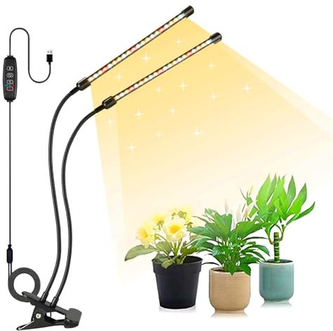 Melofo LED Grow Lights Bars for Indoor Plants Red/Blue Warm Lights 3500k/660nm/450nm Full Spectrum with 10 Dimming Level and Timer 3 Lighting Modes Clip-on 360°Adjustable Gooseneck 2-Heads Grow Lamp