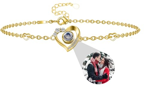 Personalisiertes Foto Armband für Frauen - Herz Armband Mit Bild, Benutzerdefinierte Projektion, Ich Liebe Sie Kreis Charm Memory Schmuck Geschenk für Freundin (A-Gold)