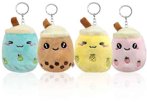 4 Stück Bubble Tea Plüschtier, Kleine Bubble Tea Kuscheltier, Plüsch-Tier-Spielzeug mit Schlüsselanhänger, Gefüllte Plüsch Kinderspielzeug mit Schlüsselanhänger, für Kinders Geburtstag Gastgeschenke