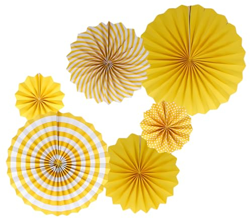 Hanging Paper Fans, 6 Pcs Hanging Ceiling Wall Decor Paper Fans for Festival Carnival Birthday Wedding Graduation Classroom Party Decorations (Yellow)