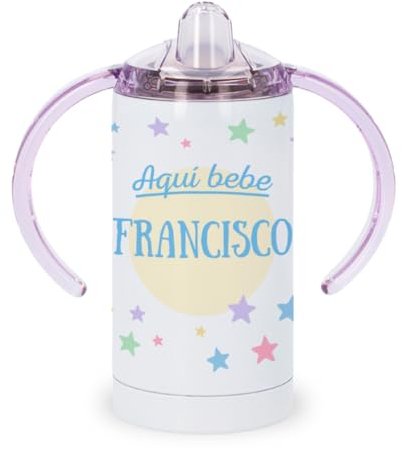 Kadoo Regalos Vaso Aprendizaje Personalizado Acero Inoxidable (350ml) Aquí Bebe y Nombre (Azul)