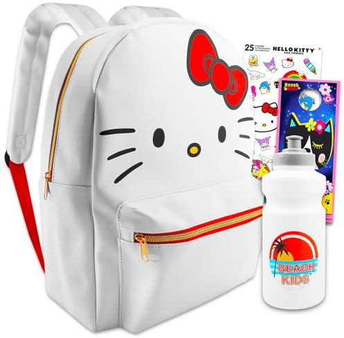 Hello Kitty Rucksack für Kinder - Kunstleder Schulrucksack mit Aufklebern, Wasserflasche, mehr | Mädchen, 40.6 x 30.5 x 12.7 cm, Weiß