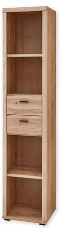 Stella Trading Aktenregal in Altesche massiv, Old Artisan Oak Optik FSC-Zertifiziert - Modernes Standregal mit 4 offenen Fächern und 2 Schubkästen - 44 x 203 x 38 cm (B/H/T)