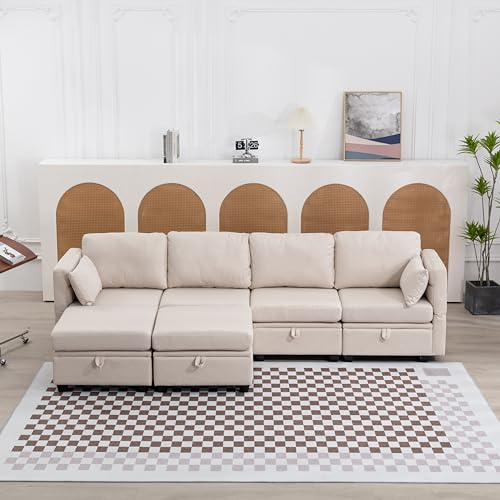 Sofa U Form, Schlafsofa mit Bettkasten, Ecksofa mit Schlaffunktion - Zum Doppelbett umbaubar, Modern Design Couch, Armlehnen faltbar Leinengewebe, Big Sofa, für Wohnzimmer, 280 cm (Beige)