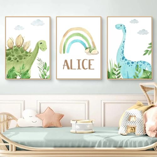 Ueiwffzo Kinderzimmer Bilder Dinosaurier Regenbogen 3er Set Dino Poster Kinderzimmer, Wandbilder Bilder Babyzimmer Deko Wandposter für Kinder, Ohne Rahmen (21X30cm)
