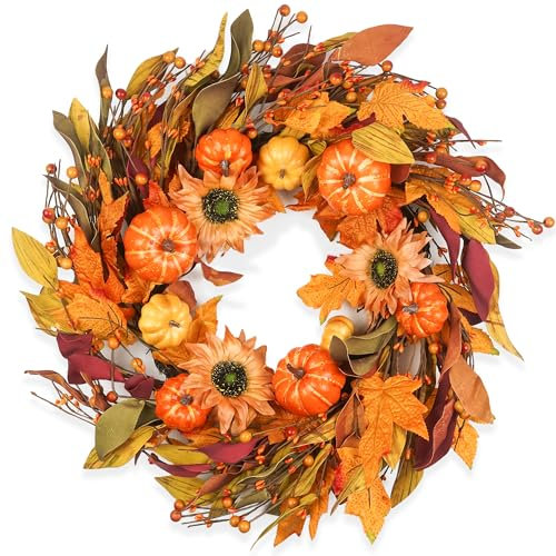 Fall Wreaths for Front Door 22 Inch, Autumn Wreath with Berry Pumpkin, Maple Leaves, Thanksgiving Harvest Festival Decorations Indoor and Outdoor