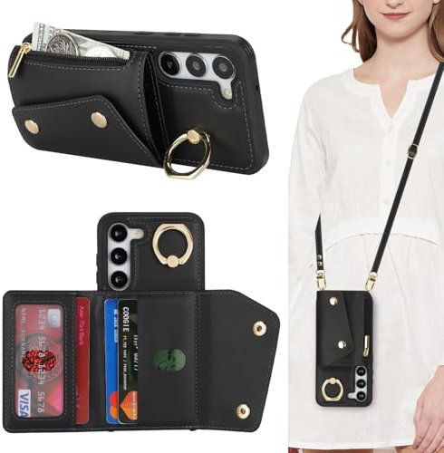 Lipvina Schutzhülle für Samsung Galaxy S23 mit Kartenfach und Riemen, Reißverschlussfach, Umhängeband, Kreditkartenhalter, Standring, niedliche Handy-Schutzhülle für Damen (Schwarz, 15,5 cm)