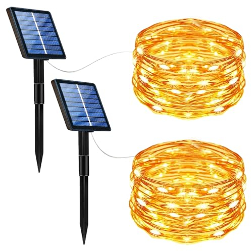 Eyesgood LED Solar Lichterkette Außen mit Batterie Weihnachtsbaum 2 Stück 10m 100LED Solarlichterkette Aussen Wetterfest Outdoor IP65 Wasserdicht Kupferdraht für Party Weihnachten Garten