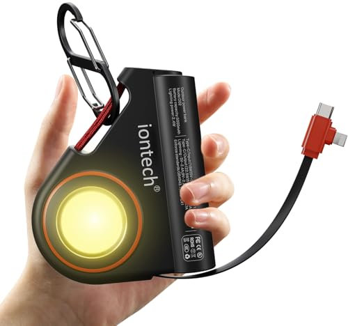Wearable Portable Charger with Built-in Cable, 5000mAh Power Bank USB-C Fast Charging PD 22.5W External Battery Pack with Flashlight for iPhone Android Phone VR Gaming Headset Hiking Cycling (Black)