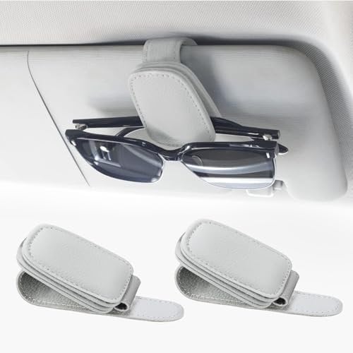 elook 2PCS Sunglasses Holders for Car Visor, Magnetic Leather Glasses Holder Ticket Card Clip Suitable, Car Visor Accessories for Different Size Eyeglasses (Gray)