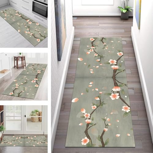 Teppich Läufer Lang Flur Küche Teppichläufer Rutschfest Waschbar Küchenläufer Teppichmatten Grün Rosa Abstrakt Schmutzfangmatte 90X150CM Meterware Flurteppich Wohnzimmer Schlafzimmer Küchenteppich