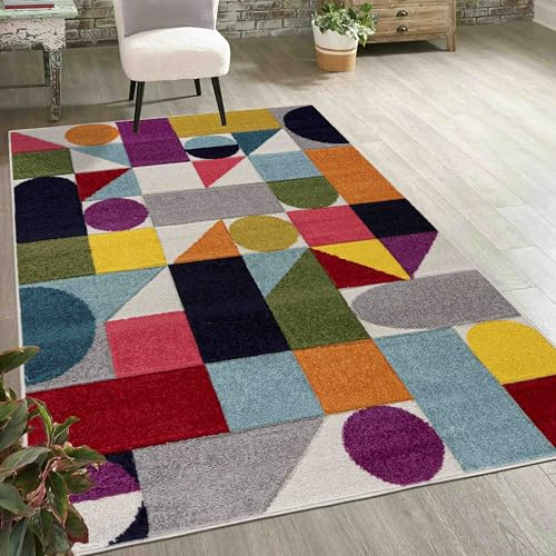 Mazovia Teppich Bunt - Moderner bunter Kurzflor-Teppich mit geometrischem Muster, weich & pflegeleicht, für Wohnzimmer, ÖKO-TEX Zertifiziert - Creme Marineblau 180 x 250 cm
