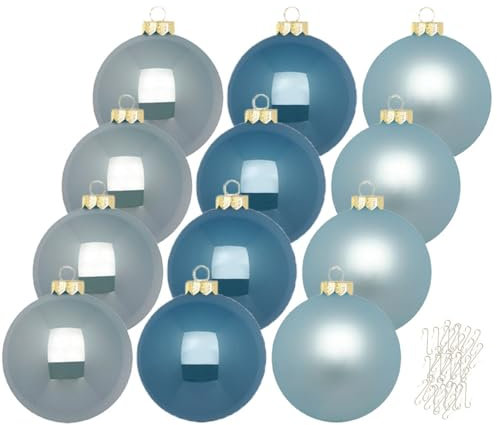 Inge Glas große Weihnachtskugeln mit Haken | Christbaumkugeln aus Glas | Set 12 Kugeln 8cm groß und 40 Aufhänger | Christbaumschmuck Weihnachtsbaumkugeln (Elysian Blue | blau)
