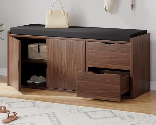LVB Schubladen Walnuss 101 cm Sitzbank mit Stauraum für Flur Schlafzimmer | Schuhregal mit Gepolstert und Stauraum, Multifunktionaler Schuhregal mit Viel Platz für Schuhe Im Eingangsbereich