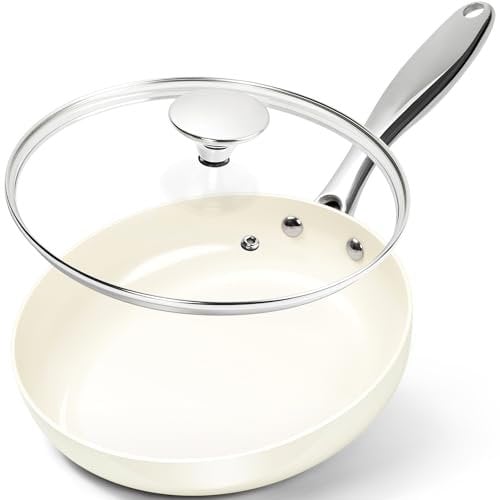 MICHELANGELO Non Stick Frying Pan 26cm, Ceramic Pan with Lid, Induction Skillet Nonstick, Non Toxic Frying Pans Ceramic-Coated, Cream White