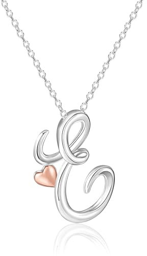 Mesovor Silber Anfänglich Kette für Damen, Halskette mit Buchstaben Namens Anhänger und Herz aus Roségold, Schmuck Geschenke, 50 cm Kette (Buchstabe-E)