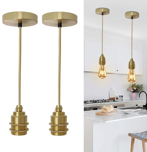 2 Stücke Gold Vintage Pendelleuchte Lampenfassung, E27 Metall Lampenaufhängung mit 120cm Textilkabel Höhenverstellbar Hängeleuchte, DIY Hängelampe Esstischlampe Deckenleuchte für Küche(Ohne Glühbirne)