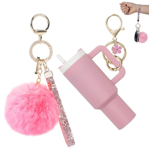 YOU WIZV Mini Stanley Cup Keychain, Mini Tumbler Keychain Chapstick Holder for Women Girls Bag Purse Handbag Backpack, Pink, 4.9*2.9*1.3