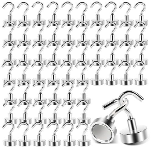 Anelueeoo 60 Stück Magnethaken Extra Stark 16mm Klein Neodym Magnet mit Haken für Küchen Camping Grill Büro Outdoor und Kreuzfahrt Zubehör Silber