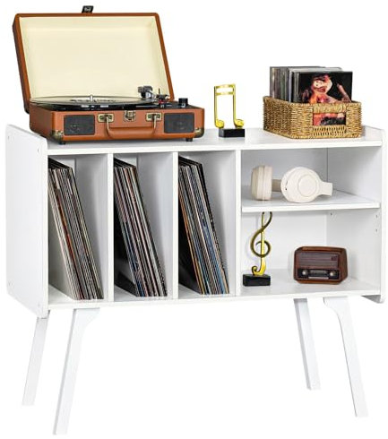 LELELINKY Record Player Stand with 4 Cabinet Holds Up to 220 Albums, Large Turntable Stand with Wood Legs, Mid-Century Record Player Table,Vinyl Holder Storage for Living Room,Bedroom,White