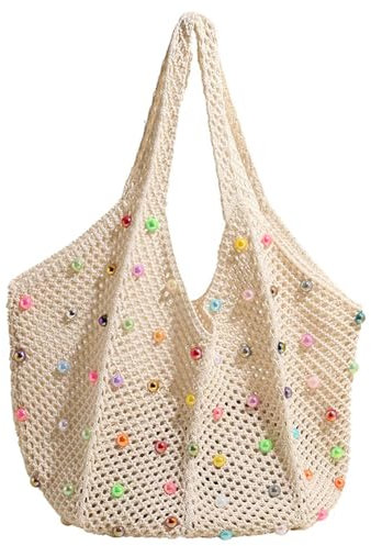 FloralGrace 1 Pezzo Borsa da Spiaggia Bohémien Uncinetto a Spalla con Perline Colorate, Borsa Intrecciata a Mano | Borsa Hippie Colorata per Spiaggia per Donne