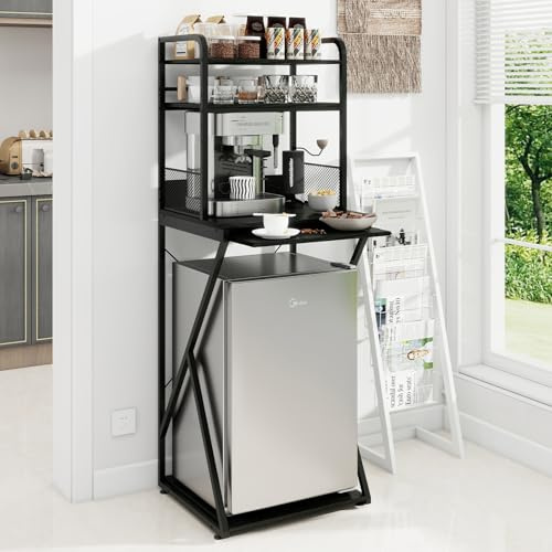 PUNCIA 4-Tier Mini Fridge Stand with Power Outlet & Storage, Coffee Bar Organizer, Refrigerator Cabinet & Microwave Shelf, Bakers Rack for Kitchen, Office, Dorm, Pantry, Apartment (Black)