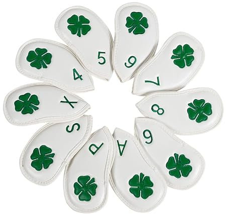 Leather Golf Club Iron Head Covers | 10 Piece Set | White with Green 4 Leaf Clover Shamrock