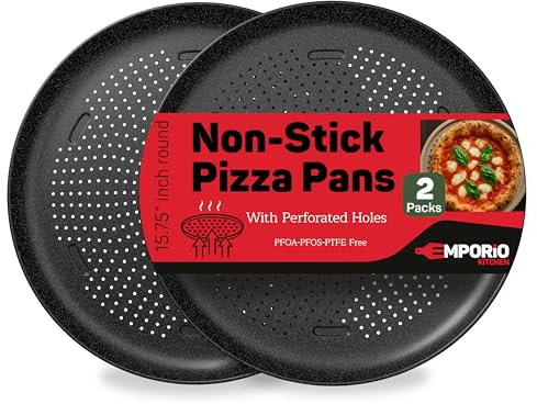 Emporio Kitchen Non-Stick Pizza Pan 2 Pack – 16 Inch Round Carbon Steel Pizza Tray with Perforated Holes, PFOAPFOSPTFE-Free, Dishwasher & Oven Safe Up To 450°F, Durable Nonstick Gray Marble Coating