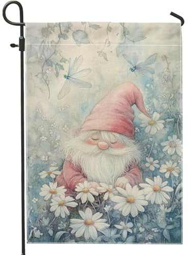 Gartenzwerg für Frühling und Sommer, weicher Pfirsich-Zwerg, Gänseblümchen, Blumenmuster, Outdoor-Dekoration, doppelseitiges Jute-Hofbanner für Heimdekoration, niedliche saisonale Rasendekoration