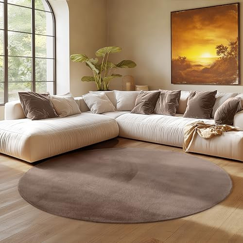 SIMPEX Runder Teppich Braun 160 cm Kurzflor Teppich Waschbar, rund, weich & rutschfest, modern einfarbiges Design für Wohnzimmer, Küche Schlafzimmer, & Kinderzimmer