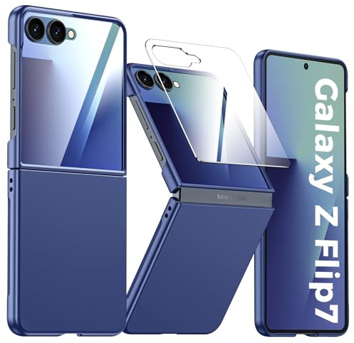 Vizvera for Samsung Galaxy Z Flip 7 Case, Built-in Screen Protector Slim Fit Scratch-Resistant Drop-Resistant Anti-Fingerprint, Support Wireless Charging, Phone Cover for Galaxy Z Flip 7 2025, Blue