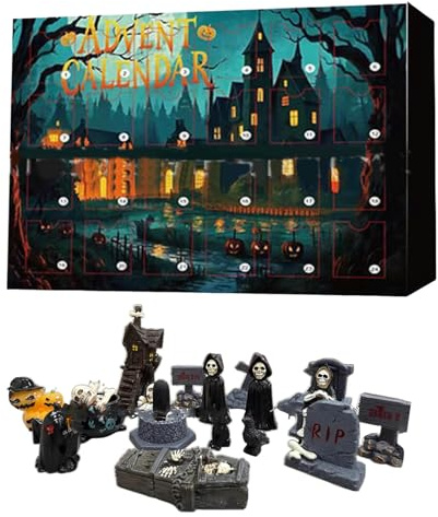 Halloween-Adventskalender 2025, 24-Tage-Countdown-Kalender, Blindbox mit Totenkopf-Mumie, gruseliges Ornament für Regal, Desktop-Mantel, kreative Halloween-Dekorationen und Geschenke