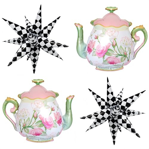 4Pcs Teapot Balloon Set/Pink Green Teapot Balloons+ Black White Checkered Explosion Pointed Star Foil Balloons/Tea Party Decor, Alice Wonderland, Let's Par-Tea Girls Birthday, Spring Garden Party
