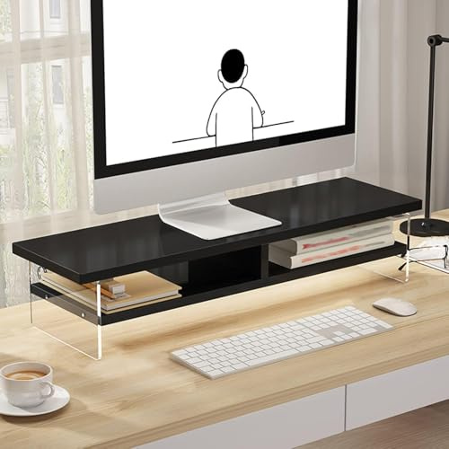 2 Ebenen Holz Monitorständer, Monitor Riser Mit Acrylhalterung Clear Computer Multi Media Desktop Stand Tv Regal Risers, Black, 60cm