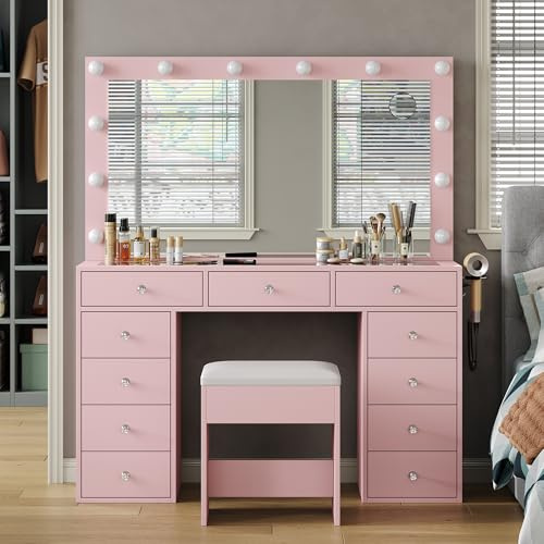 FUSOU Vanity Desk with Power Outlet, Makeup Vanity with Mirror and 12 LED Lights, 3 Lighting Modes, 11 Drawers Vanity Table with Chair, Glass Top, Dressing Table for Bedroom,Dressing Room, Pink