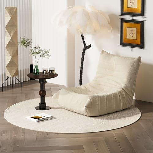 OKYION Sitzsack Sofa für Erwachsene, Teddy-Fleece Bodenstuhl mit Rückenlehne, Gefüllt mit Hochdichtem Schaumstoff, Lese-Sessel für Wohnzimmer & Schlafzimmer, Beige
