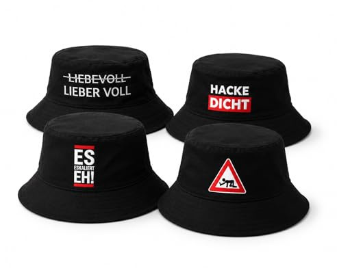 KAMACA 4er Set Fischerhut Partyhut mit Spruch – Bucket Hat – Lustige Partyhüte für Festival, Mallorca Urlaub, JGA, Strand & Sommerparty – Einheitsgröße Unisex
