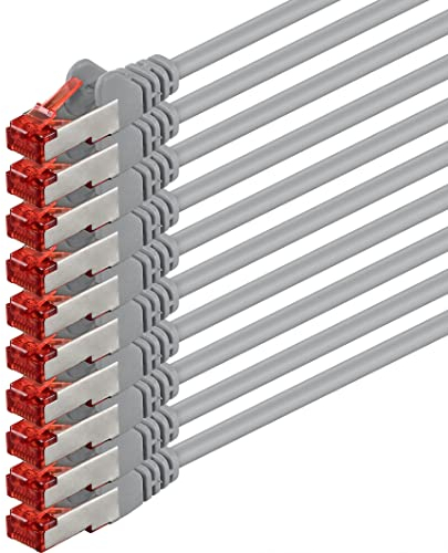 1aTTack.de - 10x 10m CAT6 Patchkabel S/FTP PIMF Schirmung CAT.6 RJ45 Netzwerkkabel Ethernetkabel DSL LAN Router Switch Modem Patchfeld - grau - 10 Stück