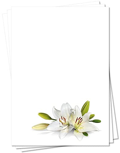 Motiv Briefpapier (Blumen-5148, DIN A4, 25 Blatt). Einseitig bedrucktes Briefpapier, sehr gut beschreibbar, für alle Drucker/Kopierer geeignet, Motivpapier mit weißen wunderschönen Lilien, welche für Reinheit und Schönheit stehen