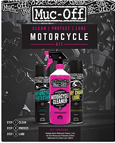 Muc-Off Kit de limpieza de Motos - Limpia, Protege y Lubrica la Moto - Imprescindibles para Limpiar, Proteger y Lubricar - Incluye Limpiador de Motos, Protector de Moto y Lubricante