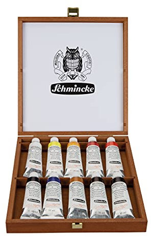 Schmincke - MUSSINI feinste Harz-Ölfarben, 10 x 35 ml Set, 70 010 097, Holzkasten nussbaum-gebeizt, Harz-Ölfarbe auf Grundlage von Rezepturen Alter Meister