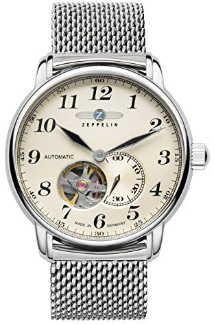 Zeppelin Herrenuhr mit Edelstahl Meshband Serie LZ127 GRAF Automatik Offene Unruh 7666M-5