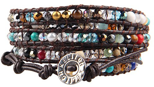 KELITCH Achat Kristall Perlen Leder 5 Wickelarmband Handgemachte Strand Armband Schmuck