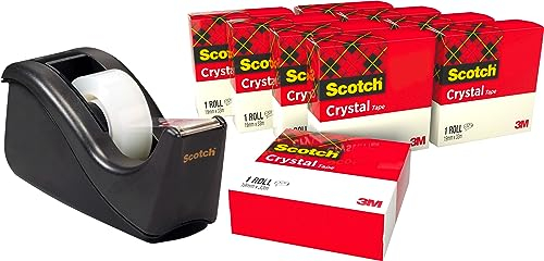 Scotch Klebebandabroller und Scotch Crystal Klebeband 10 Rollen, 19 mm x 33 m - Nachfüllbarer Klebebandabroller für Schule, Zuhause und Büro