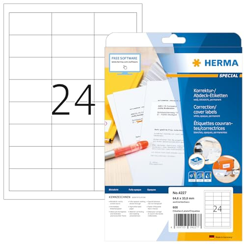 HERMA Self Adhesive Correction Labels, 600 Labels, 25 Sheets, 64.6 x 33.8 mm, White, Opaque, Permanent Adhesion, Suitable for Inkjet & Laser Printers