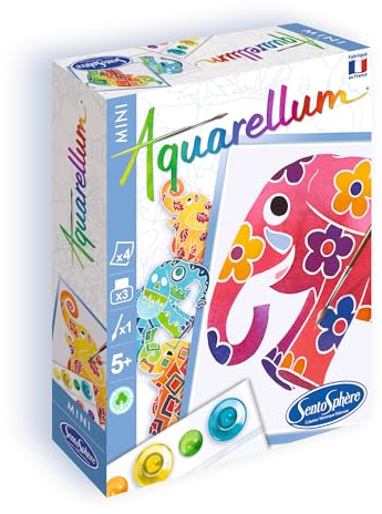 SentoSphère - AQUARELLUM MINI - ELEPHANTS 4 PLANCHES - Kit peinture - Peinture Aquarellable Magique - A partir de 5 ans - fabriqué en France, Ensemble de 8 pièces, Multicouleur