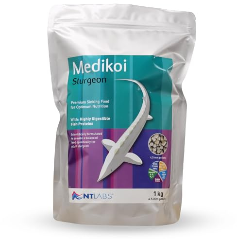 NT Labs Medikoi Sturgeon Multi-Season Adult 4.5mm Pellets (1kg) | Fast-sinking sturgeon feed utilises highly digestible proteins for year round feeding to maximise nutrient uptake.